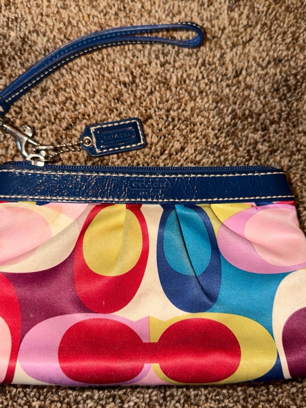 Coach Multicolor Signature Print Wristlet with Blue Trim